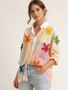 Porte d’ego Hand-Painted Shirt Crochet Flowers Statement Top Small NWT